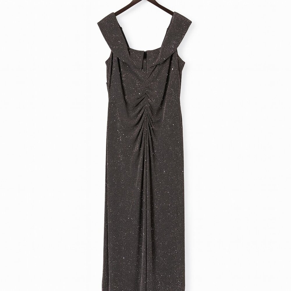 Alex Evenings Charcoal Glitter Ruched V-Neck Evening Gown - Size 24W